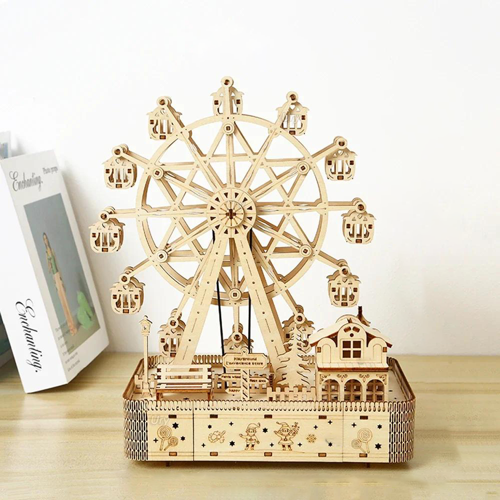 3D Wooden Puzzles Led Rotatable Ferris Wheel with Music Box