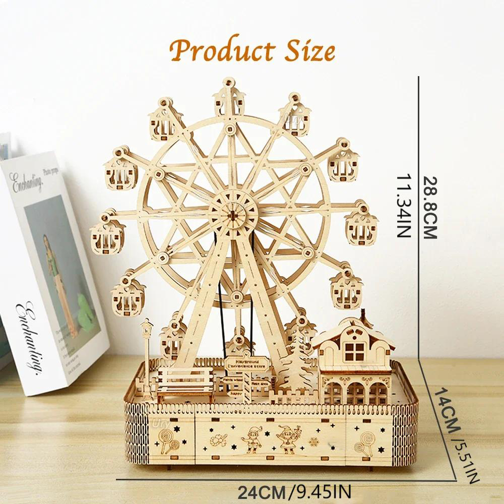 3D Wooden Puzzles Led Rotatable Ferris Wheel with Music Box